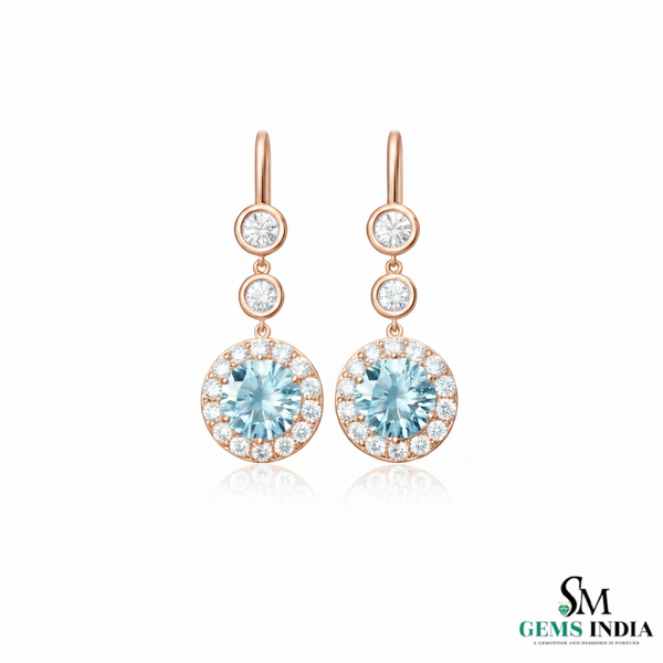 March Birthstone Round Aquamarine Diamond Drop Earrings – Fine Gold Jewelry