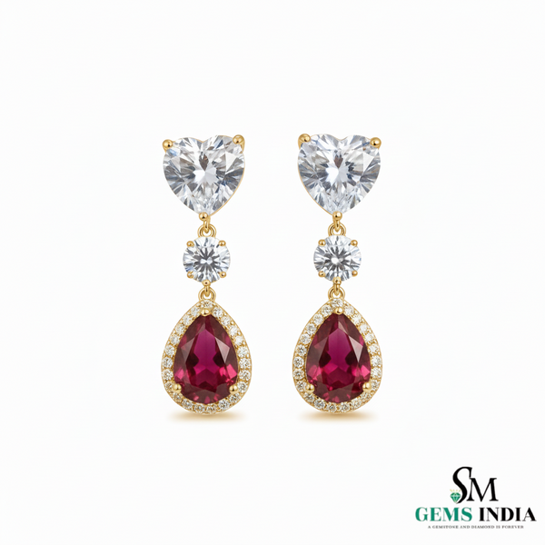 Pear Ruby Drop Earrings with Heart Moissanite & Diamond Accents in 18k Gold