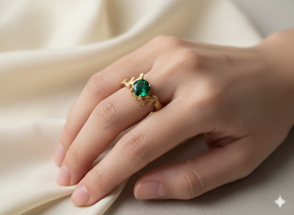 Natural Emerald Ring with Leaf Pattern Band Promise Ring in 14k Gold 1.10 carat Emerald Wedding RIng