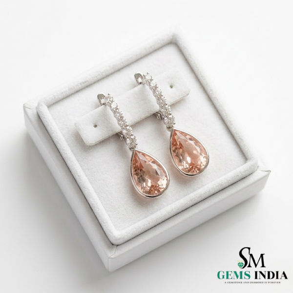 Teardrop Morganite & Diamond Dangle Earrings – Elegant Bridal Jewelry
