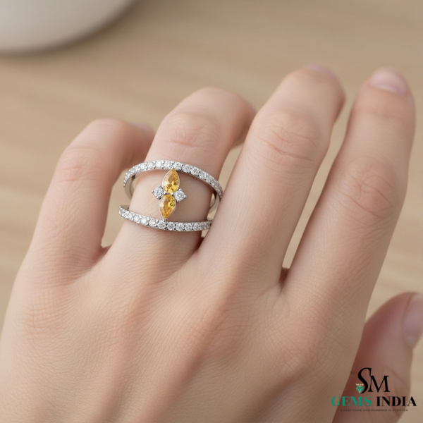 Pear Cut Citrine & Diamond Open Band Ring in 14k Gold - Statement Ring