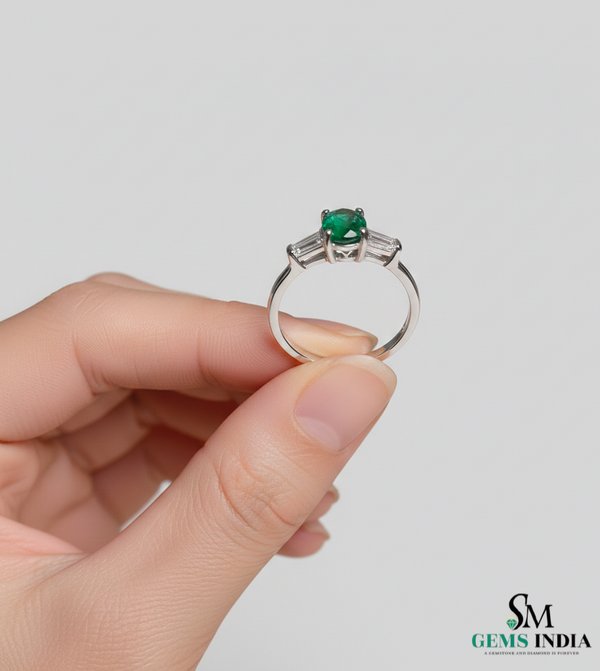 Round Cut Green Emerald Ring with Side Baguette Diamonds – Minimalist Fine Jewelry