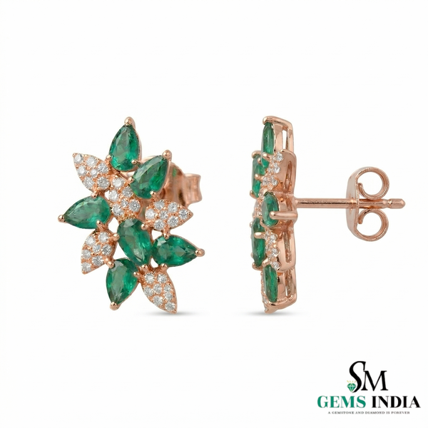 Green Emerald & Diamond Floral Stud Earrings – Elegant Gold Jewelry