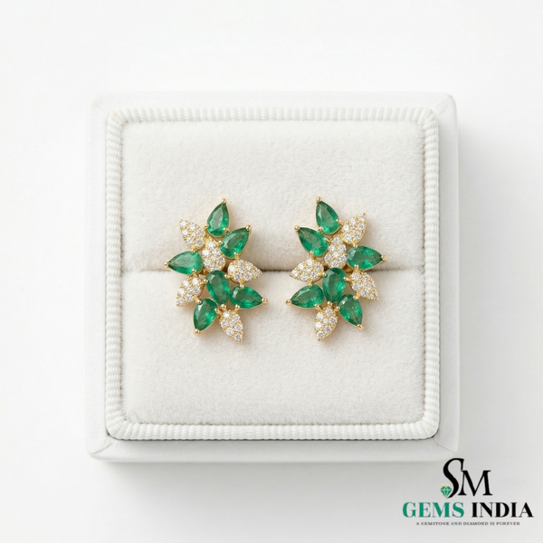 Green Emerald & Diamond Floral Stud Earrings – Elegant Gold Jewelry
