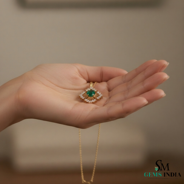 Radiant Oval Natural Emerald & Diamond Sunburst Pendant Diamond Burst Design