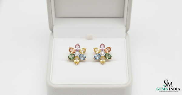 Oval Multicolor Gemstone Floral Stud Earrings – Diamond Center Rainbow Flower Earrings for Women