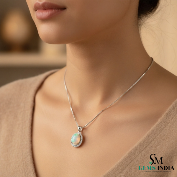 Natural Oval Opal Pendant with Diamond Halo Pendant for Women