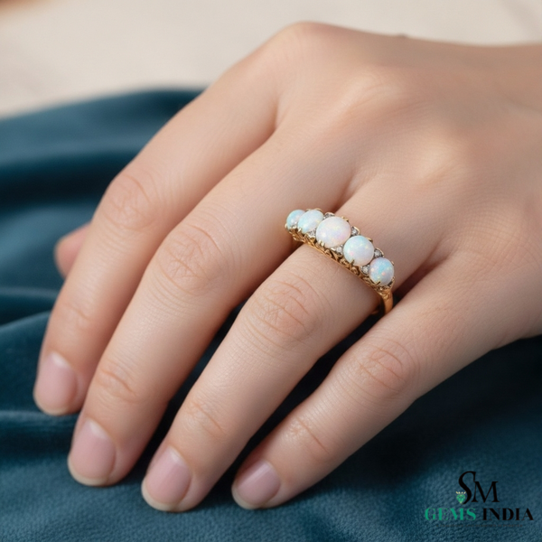 Round Opal and Diamond Band Ring in 14K Gold Eternity-Style Ring