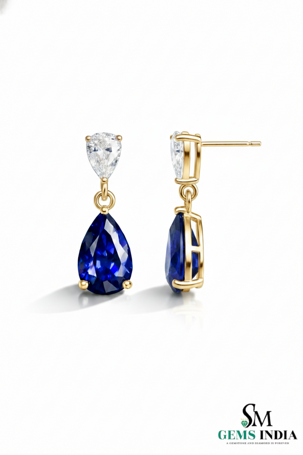 Pear Blue Moissanite Drop Earrings with White Moissanite Accents