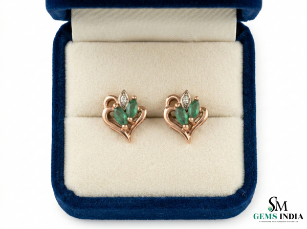 Marquise Emerald Heart Shaped Gold Stud Earrings