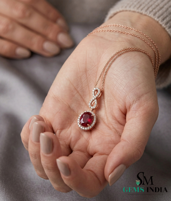 Infinity Style Ruby and Diamond Pendant Necklace July Birthstone Jewelry
