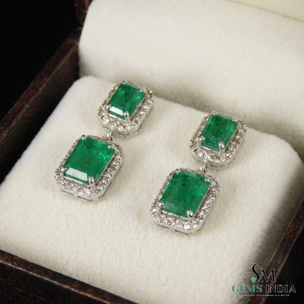 Emerald cut Natural Emerald & Double Drop Halo Earrings in 14K Gold Classic Vintage Dangle Design