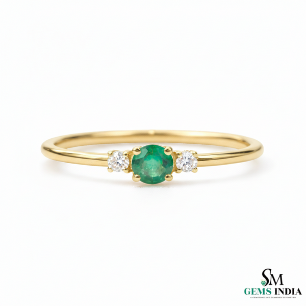 Round Emerald and Diamond Accent Ring in Solid Gold – Dainty Promise Ring