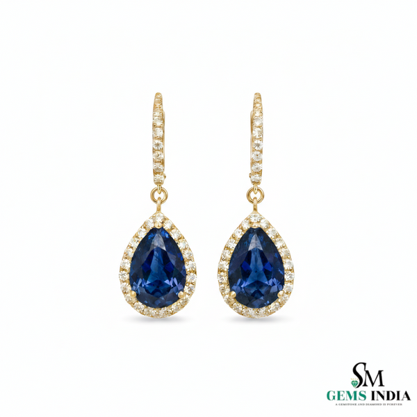 Pear Shaped Blue Sapphire and Diamond Halo Dangle Earrings - Sapphire Diamond Earrings