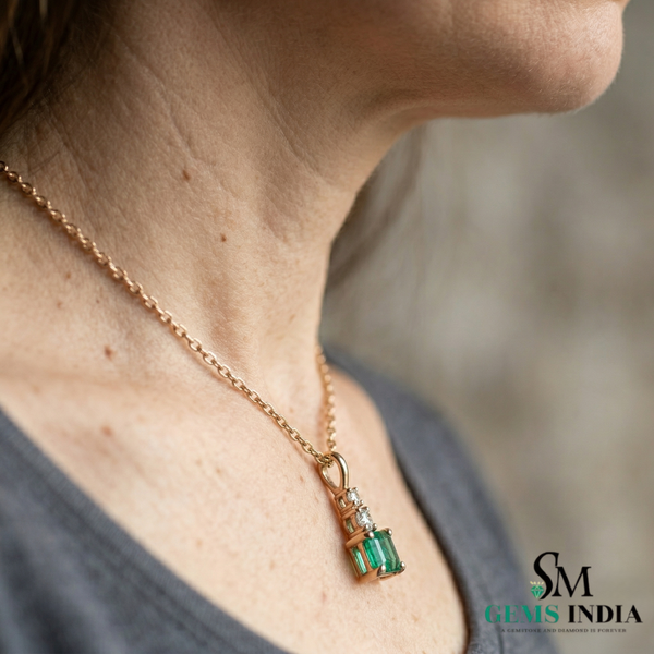 Emerald Cut Green Emerald Pendant with Double Round Diamond Accent