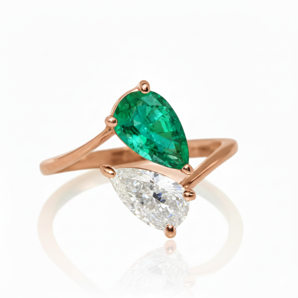 Pear Shape Natural Emerald And Moissanite Solitaire Ring - Women May Birthstone Gift Ring