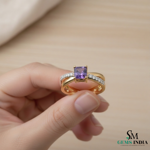 Elegant Princess Cut Amethyst Diamond Ring in 14k and 18k Gold Fine Gold Jewelry