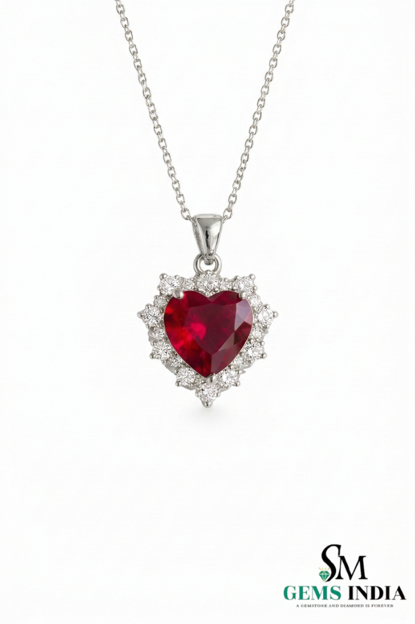 Heart Shape Red Ruby & Diamond Halo Pendant - Romantic Ruby Heart Pendant For Woman