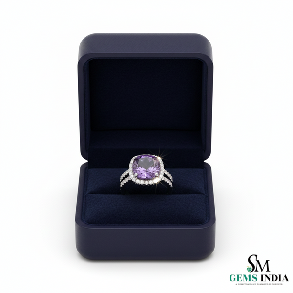 Cushion Cut Natural Amethyst & Diamond Halo Engagement Ring