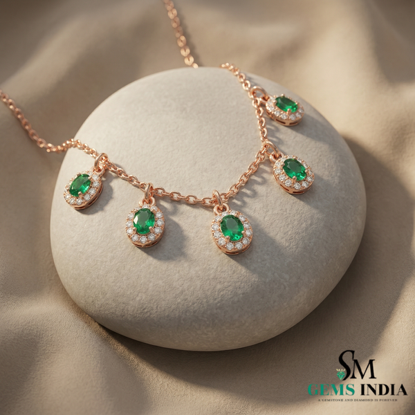 Elegant Oval Emerald Station Necklace with Diamond Halo - Gift for her