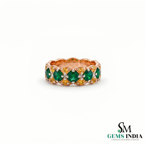 Round Natural Emerald and Citrine Ring - Elegant Gemstone Eternity Band