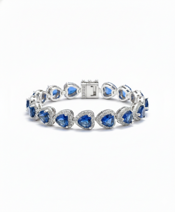 Heart Shape Lab Grown Blue Sapphire & Diamond Halo Bracelet - Romantic gift for her