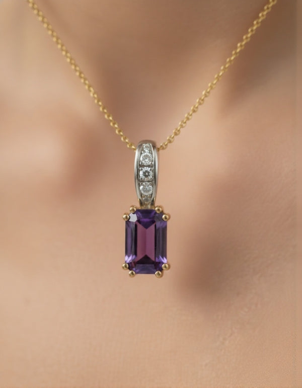 February Birthstone Emerald Cut Amethyst Diamond Pendant