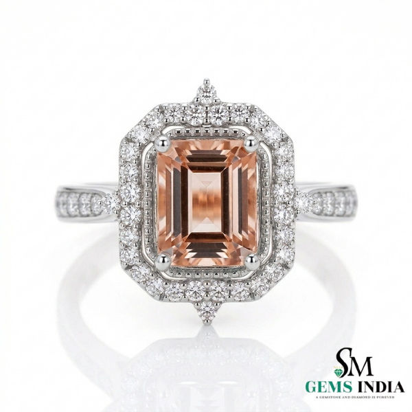 Emerald Cut Peach Morganite Ring with Diamond Halo Engagement Ring