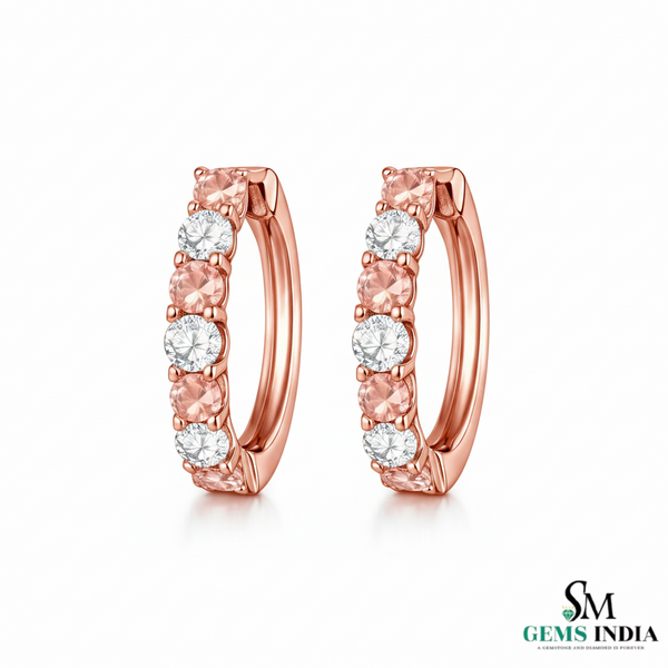Morganite Diamond Huggie Hoop Earrings - Morganite Wedding Earrings
