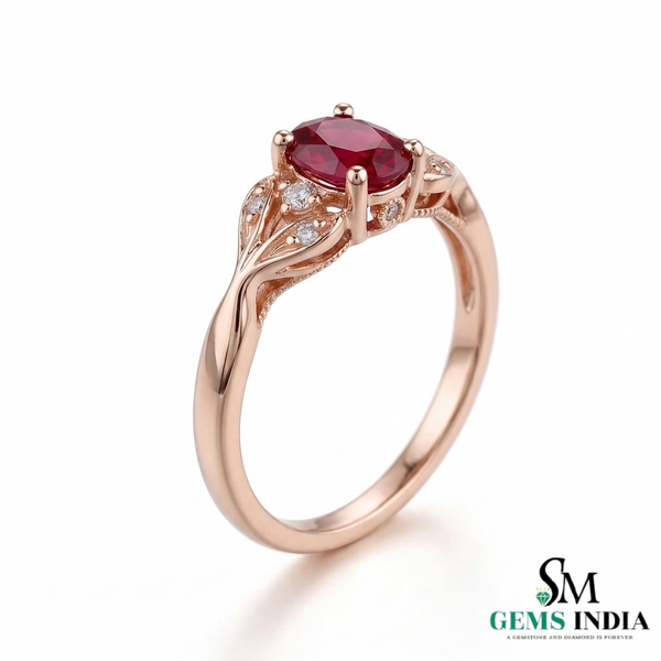 Natural Oval Ruby Ring with Diamond Leaf Design - Classic Ruby Jewelry