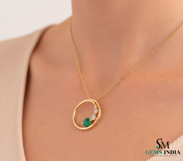Round Green Natural Emerald Diamond Open Circle Pendant - Minimalist Fine Jewelry