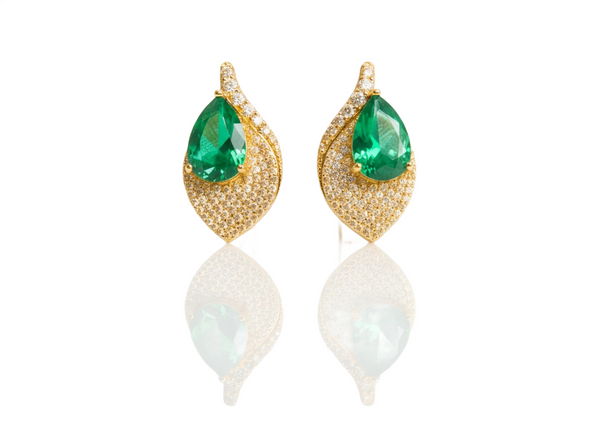 6.20 carat Pear Shaped Natural Emerald and Diamond Leaf Earrings in 14K Gold