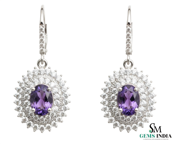Elegant Oval Amethyst Drop Earrings with Diamond Halo in 14k and 18k Gold