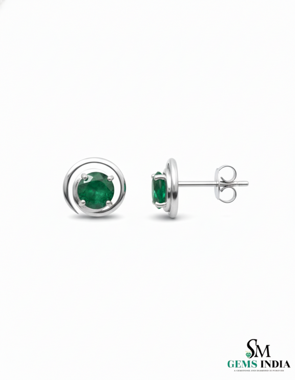 Natural Emerald Stud Earrings – Round Emerald Minimal Swirl Design