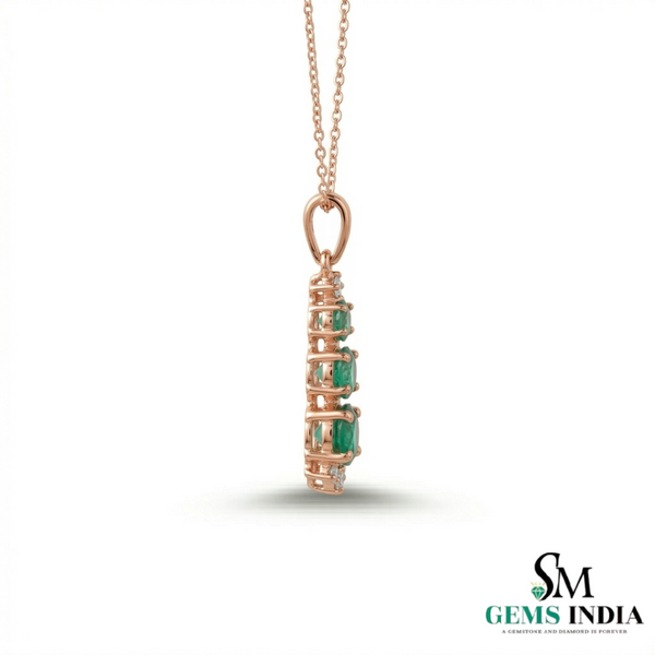 Fine Jewelry Three Stone Emerald ; Diamond Drop Pendant