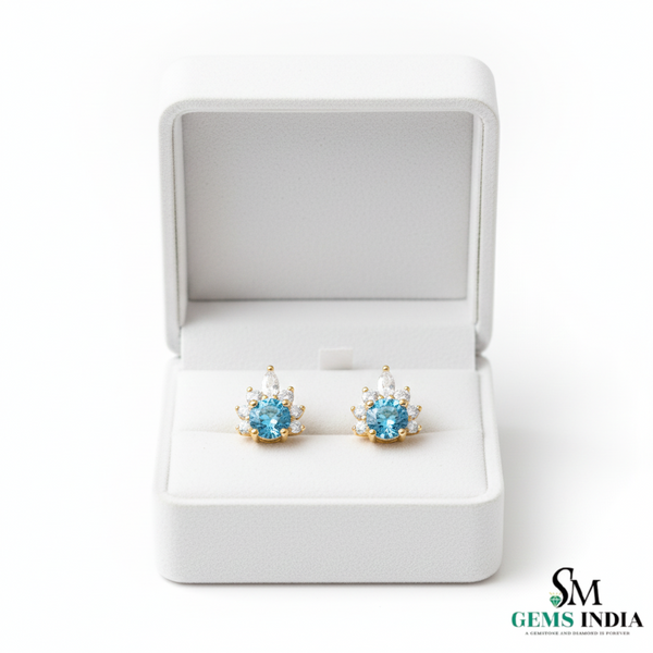 March Birthstone Round Aquamarine Diamond Cluster Stud Earrings