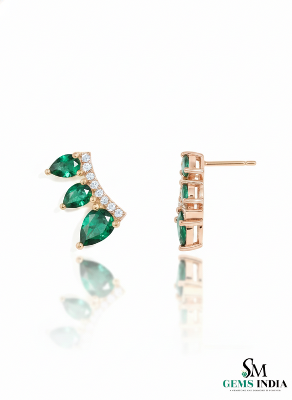 Pear Shape Emerald & Diamond Curved Bar Stud Earrings