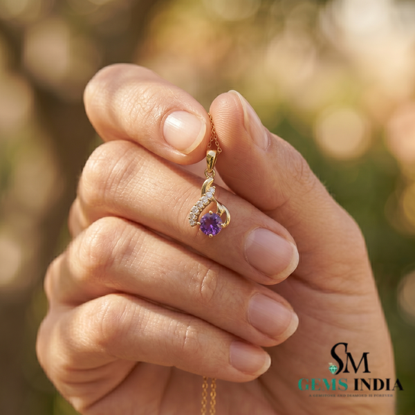 Round Amethyst Pendant Diamond Accent Purple Gemstone - Gift for Her