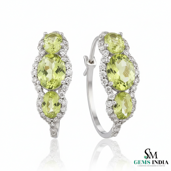 Elegant Oval Peridot & Diamond in 14k and 18kGold Hoop Earrings