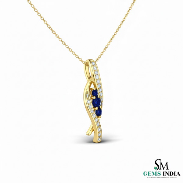 Round Three-Stone Blue Sapphire Diamond Pendant – Elegant Twist Design