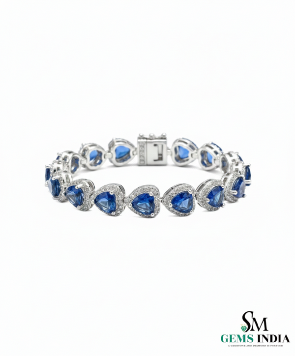 Heart Shape Lab Grown Blue Sapphire & Diamond Halo Bracelet - Romantic gift for her