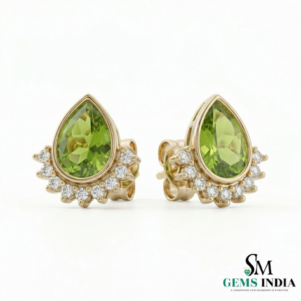 Pear Cut Peridot Stud Earrings with Diamond Halo - Elegant Gold Jewelry