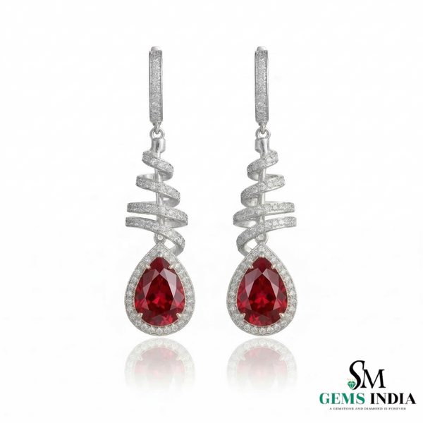 Teardrop Ruby Dangle Earrings with Diamond Spiral Design - Ruby Jewelry for Women