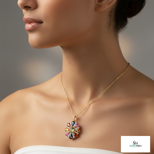 Rainbow Pear & Oval Gemstone Flower Pendant Multicolor Gemstone Necklace