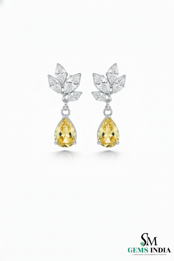 Pear Cut Yellow Citrine Drop Earrings with Leaf Moissanite - Elegant Gold Jewelry Gift