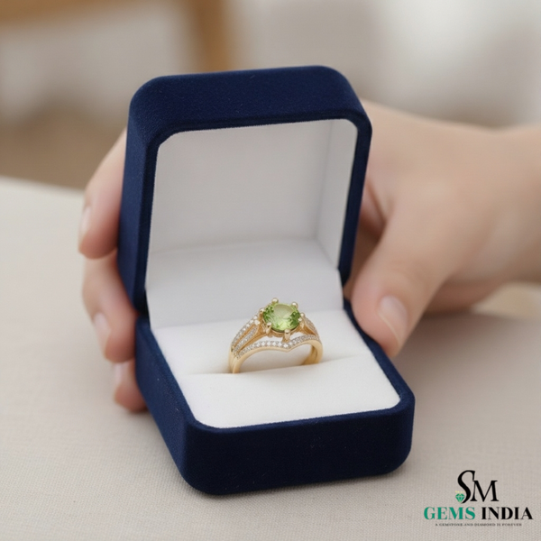 Oval Natural Peridot Diamond Ring with Split Band - August birthstone