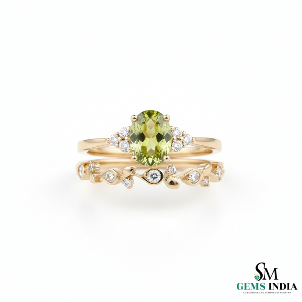 Oval Natural Green Peridot &amp; Diamond Two-Piece Ring Set in 14k and 18k gold - August birthstone
