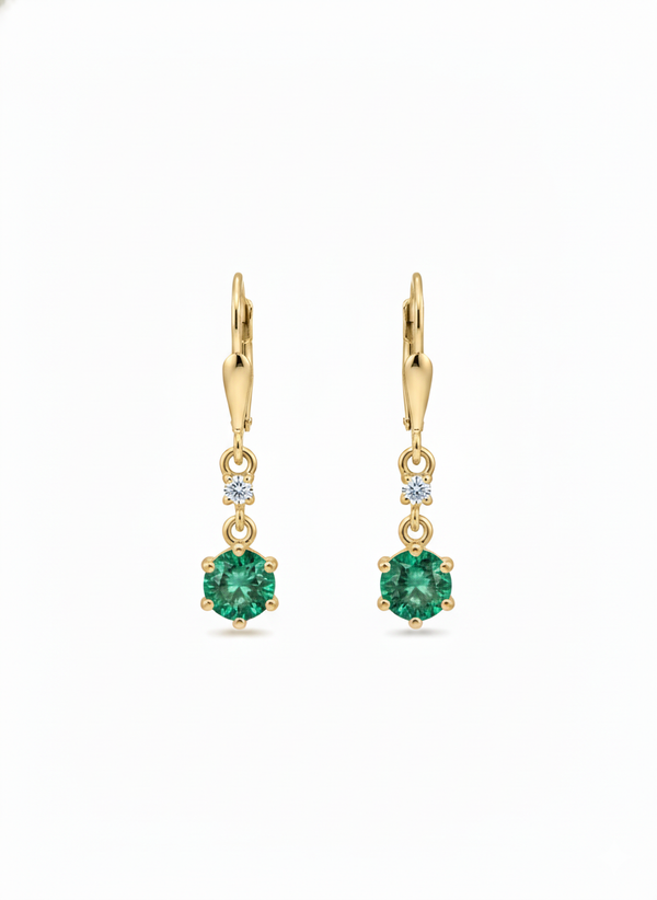 Round Natural Emerald & Diamond Drop Earrings in 14K Gold Dainty Lever back Design