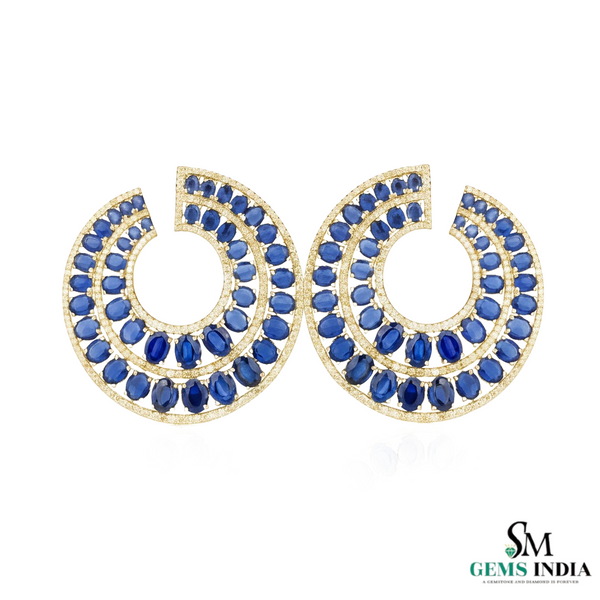 Oval Cut Blue Tanzanite & Diamond Crescent Hoop Earrings in 18k Gold