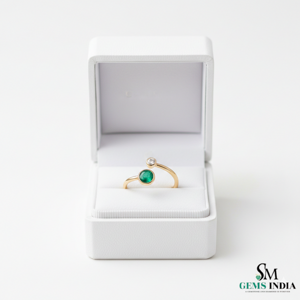Round Natural Emerald Center Ring with Diamond Trio – Minimal Gold Band